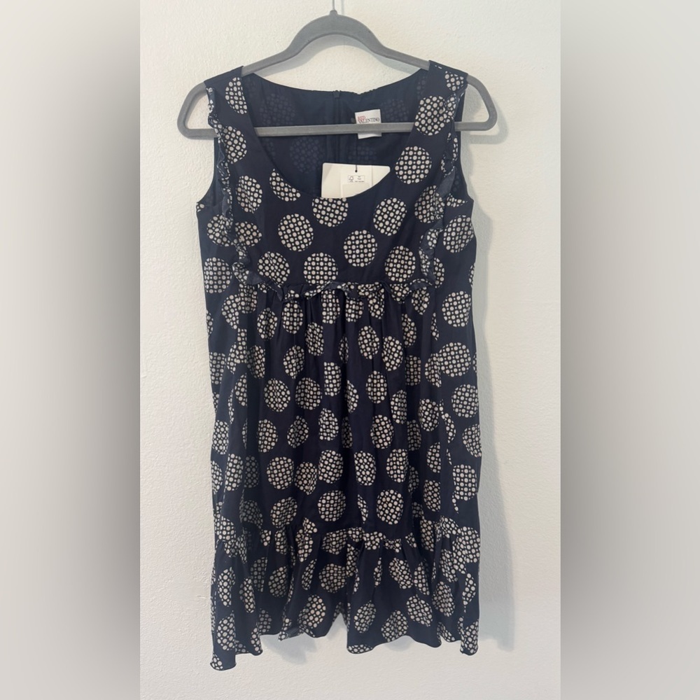 Red Valentino Navy Polka Dot Short Dress Babydoll Empire Waist Ruffles NO SIZE